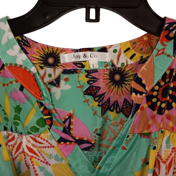 Joy & Co. Sleeveless Mini Dress, Aqua with Multi-Color Print, sz L, EUC! - Picture 2 of 10